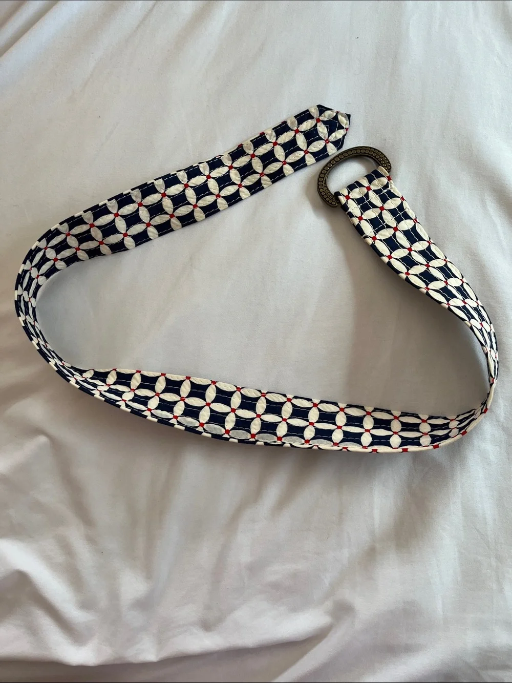 J Crew Y2K flower print belt cotton blue white  double D brass buckle S/M 2008